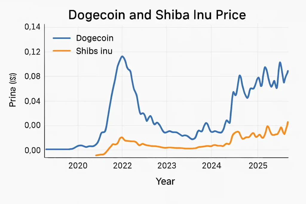مخطط أسعار عملات ميمز Dogecoin و Shiba Inu 2025